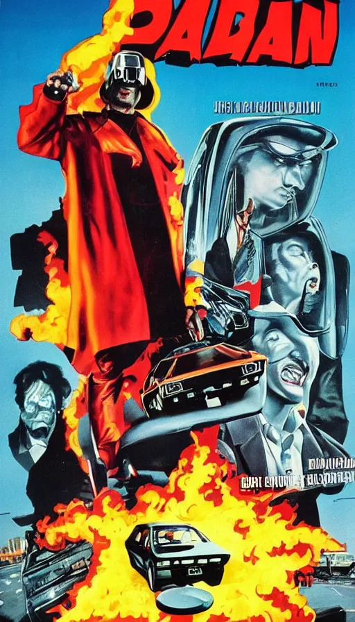 Prompt: movie poster from 1980s - Evil Bad Man Drives A Car Into The Future