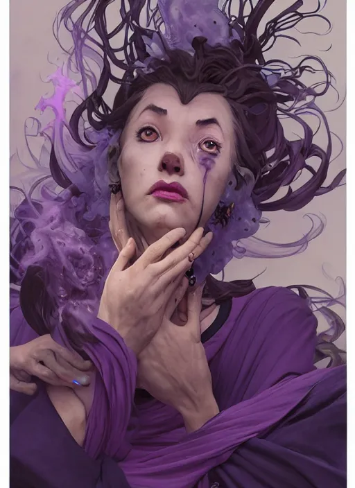 Image similar to mad madam mim, ugly, warts, purple smoke aura in motion, floating pieces, painted art by tsuyoshi nagano, greg rutkowski, artgerm, alphonse mucha, spike painting