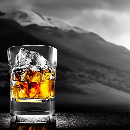 Prompt: an award - winning advertisement photo of a whiskey glass whit ice, with a snowy mountain and ice, drammatic lighting, sigma 5 0 mm, ƒ / 8, behance