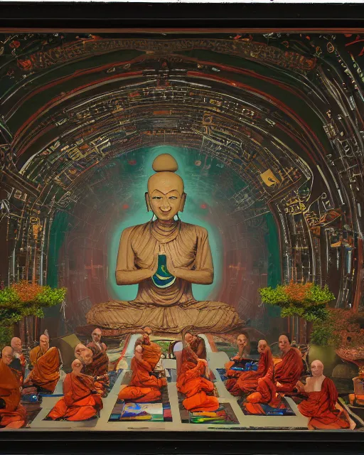 Image similar to a painting of cyborg buddhist monks sitting in circle praying to a big intricate machine, matte painting, highly detailed, sci-fi, cyberpunk art