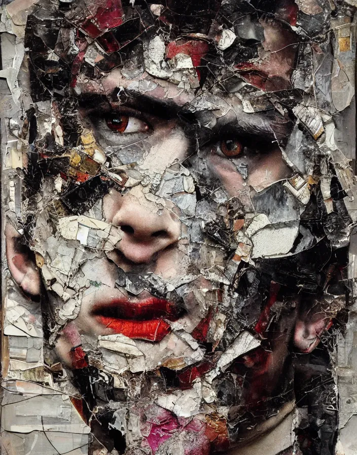 Prompt: male broken face male fight detailed analogue mixed media collage with canvas texture in style of contemporary art, punk art, hyperrealistic beautiful face, photorealistic, expressionism, masterpiece, perfect composition, spectacular quality, intricate oil details, vivid broken glass, torn paper