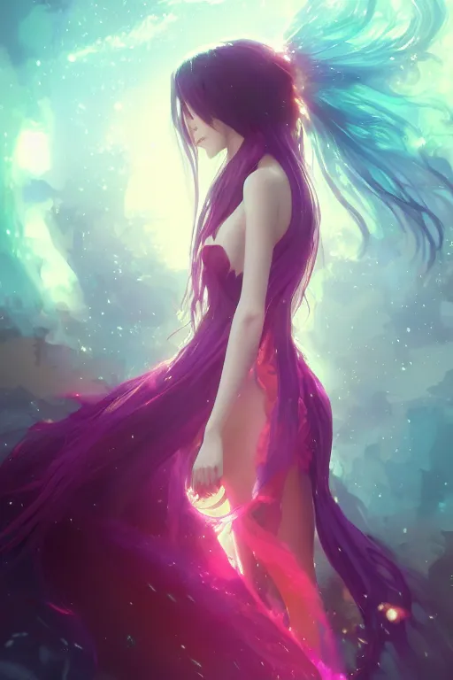 Prompt: 4k centered detailed portrait of a beautiful intimate woman with long purple cosmic hair and a beautiful red dress, by Greg Rutkowski and ross tran. Anime, volumetric lighting