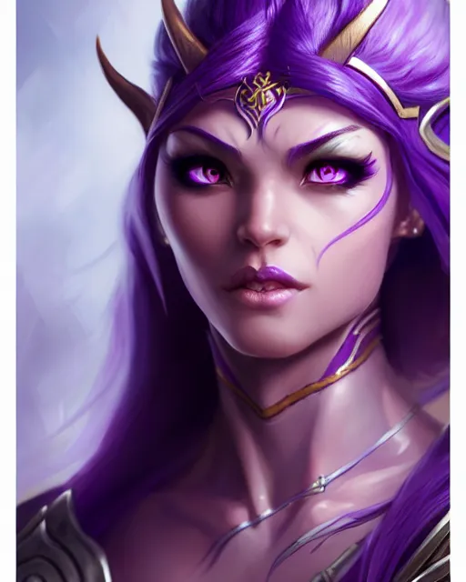 Image similar to character concepta beautiful and strong purple female warrior night elf | | cute - fine - face, pretty face, realistic shaded perfect face, fine details by stanley artgerm lau, wlop, rossdraws, james jean, andrei riabovitchev, marc simonetti, and sakimichan, trending on artstation