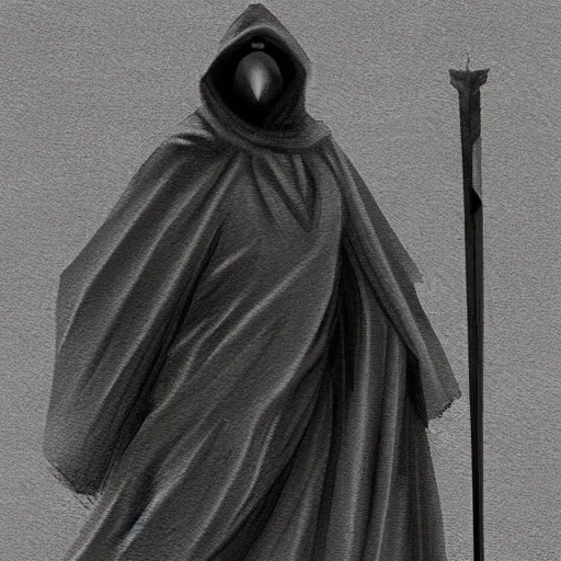 Image similar to a black figure in a grey cloak holding his black spear up to the sky, Digital art