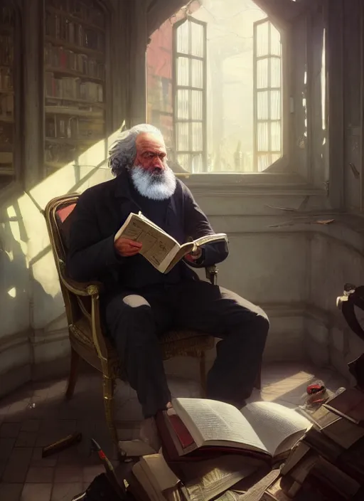 Prompt: highly detailed portrait karl marx reading a book in gta v, stephen bliss, unreal engine, fantasy art by greg rutkowski, loish, rhads, ferdinand knab, makoto shinkai and lois van baarle, ilya kuvshinov, rossdraws, tom bagshaw, global illumination, radiant light, detailed and intricate environment