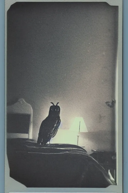 Prompt: paranormal polaroid of a singular demonic and very big owl perched on the bed headboard, low key lighting, creepy atmosphere