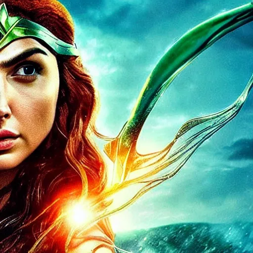 Image similar to an potrait of gal gadot cast as Mera from Aquaman, photorealistic, high detail, full body shot.