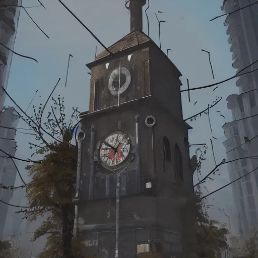 Prompt: a clock tower in an abandoned apocalyptic city, cyberpunk aesthetic