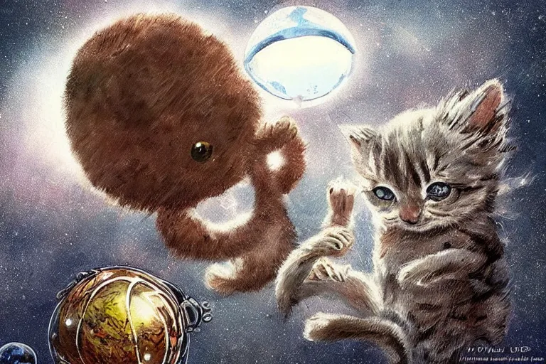 Image similar to tiny kitten meets a colossal space monster, sci-fi horror art, cute