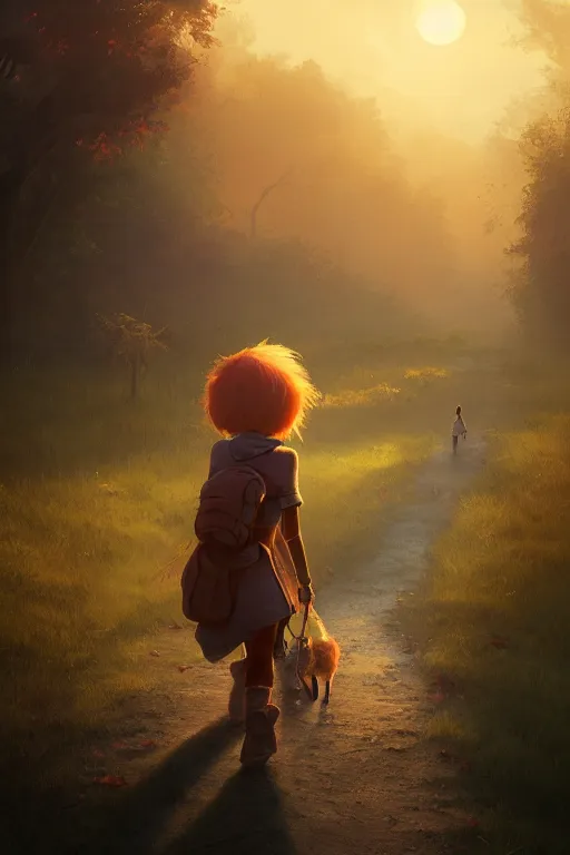 Prompt: a young girl walking to school with her pet fox, matte painting in the style of Greg Rutkowski, early morning light, sunrise, golden hour, trending on artstation