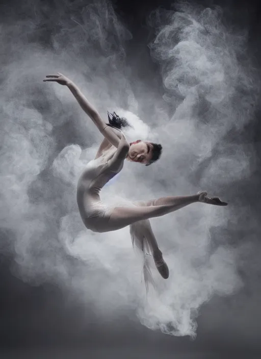 Image similar to a Photorealistic dramatic hyperrealistic render of a glamorous beautiful Female smoke dancer by Ken Brower and Deborah Ory of NYC Dance project,Lois Greenfield,Flowing cloth and smoke,Beautiful dynamic dramatic dark moody lighting,volumetric,shadows,cinematic atmosphere,Octane render,8K