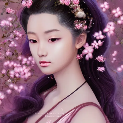 Prompt: beautiful, Asian young woman, in victorian aristocrat clothing, detailed gorgeous face, flowing hair, vaporwave aesthetic, synthwave long luxurious gown made out of pearls, hair done up with flowers and ribbons, photo realistic, painting, butterflies, birds, digital painting, artstation, concept art, smooth, sharp focus, illustration, art by artgerm and greg rutkowski and alphonse mucha