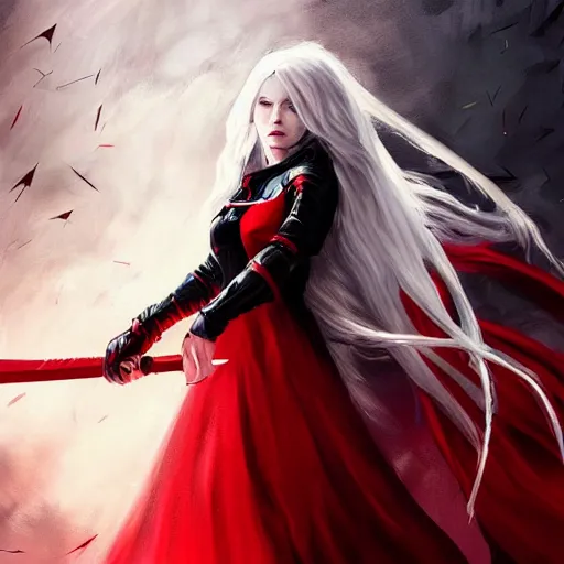 Prompt: stunning comic book style portrait painting of Long White Haired beautiful woman wearing red dress holding black blade, red eyes, in the style of WLOP, 8k masterpiece, cinematic lighting, pristine clean design, high fantasy, insanely detailed, atmospheric,