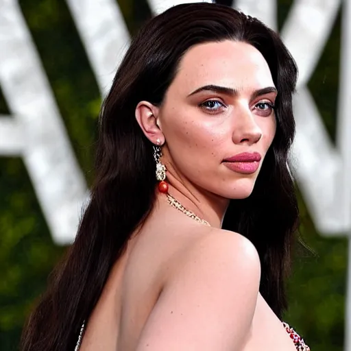 Image similar to a woman who is a genetic combination of kim kardashian and kat dennings and scarlett johansson and margot robbie and emma watson, face and upper - body focus