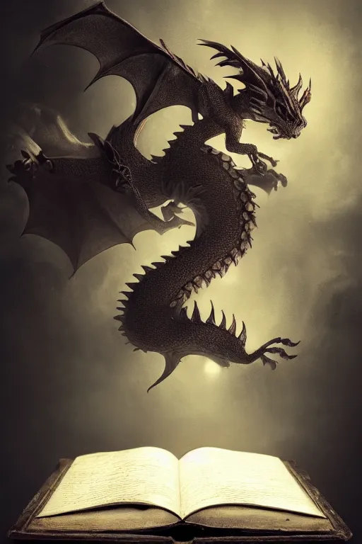 Image similar to A tiny dragon sleeping on an old dusty magic book, dramatic lighting, cinematic, establishing shot, extremely high detail, foto realistic, cinematic lighting, post processed, concept art, high details, cinematic, 8k resolution, beautiful detailed, photorealistic, digital painting, artstation, concept art, smooth, sharp focus, artstation trending, octane render, unreal engine