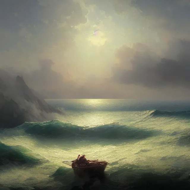 Image similar to a beautiful painting of the sea by ( ivan aivazovsky ) and sin jong hun and greg rutkowski and george varodi and alec tucker. in style of concept art. 4 k texture. ray tracing. sharp lines, hyper detailed. octane render. trending on artstation