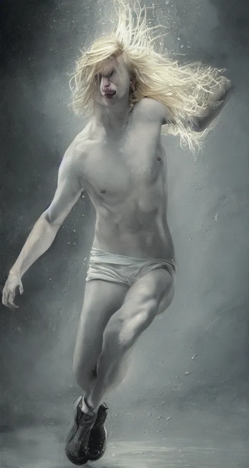 Image similar to painting of a beautiful pale androgynous blond albino man, dancing in the rain, very very long curly pale blond hair, strong fat chunky build, by Jeremy Mann and Jason Jenicke, 70mm, cinematic, highly detailed, stylized, loose brush strokes, intricate, realistic, exaggerated lighting, dramatic lighting, sense of scale, sense of movement, sensual