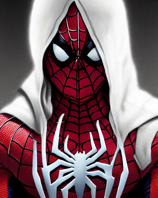 Image similar to spiderman in a white hood, 8 k photo, portrait, dynamic lighting, fantasy concept art, trending on art station, stunning visuals, creative, cinematic, ultra detailed, comic strip style