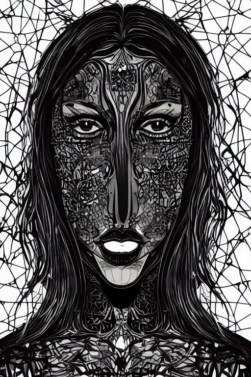 Image similar to close up portrait of a dark witch in front of the full big moon, vector graphic, .eps, .ai, Adobe Illustrator, clear lines and clear shapes, intricate, 8k highly professionally detailed, HDR, CGsociety