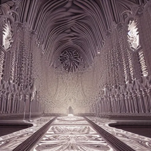 Image similar to a hyperrealistic 3 d render of a sprawling mandelbrot fractal cathedral interior populated by mandelbrot fractals, unreal engine, carved ivory, carved soap, white color scheme, physically based render, volumetric lighting, octane render, glowing, carved marble, opalescent, sacred geometry, catholicpunk, stark, 8 k, ultra detailed