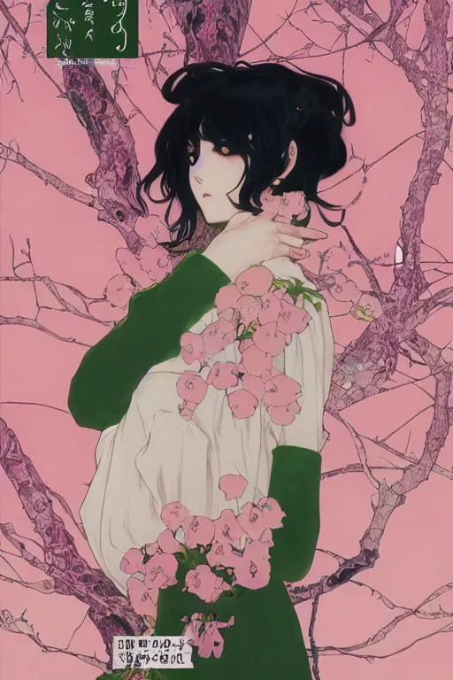 Prompt: professionally drawn shoujo mature horror mystery romance manga comic cover, beautifully drawn museum portrait coherent professional, drawn by ilya kuvshinov, gustav klimt, alphonse mucha and tsutomu nihei. text kanji hiragana on the cover. simplistic minimalist stylized cover art. pink & green & blue full color.