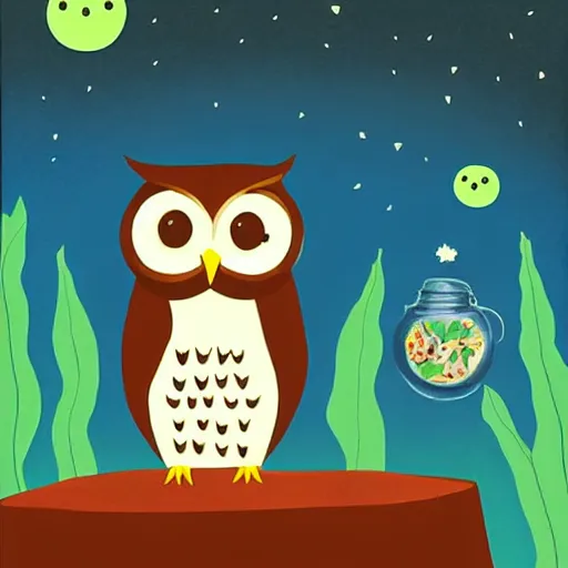 Image similar to a cute cartoon picture of an adorable owl of athena!! next to a a jar of fireflies! in the woods, a storybook illustration by arabella rankin and nyuju stumpy brown, behance contest winner, context art, storybook illustration, pop surrealism, nightscape, digital illustration