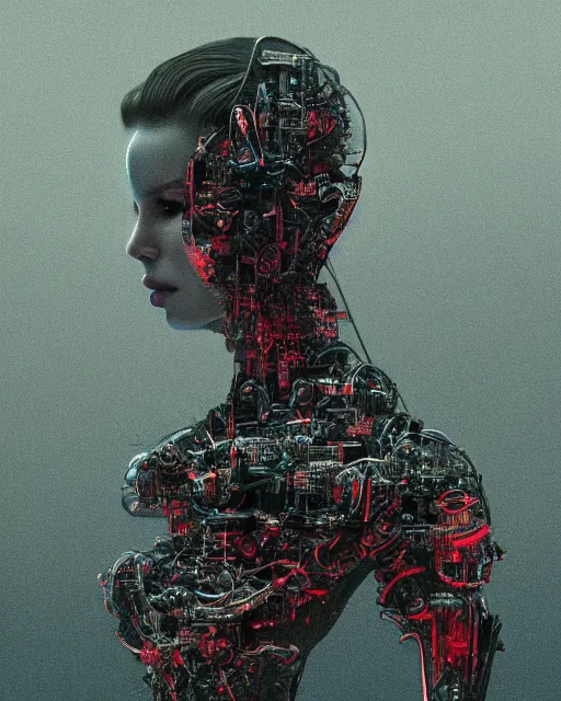 Image similar to portrait of Lana Del Rey as a cyborg. intricate abstract. intricate artwork. by Tooth Wu, wlop, beeple, dan mumford. mulholland drive by david lynch, dune by david lynch, blade runner 2049 by dennis villeneuve, sacred geometry, octane render, trending on artstation, greg rutkowski very coherent symmetrical artwork. cinematic, hyper realism, high detail, octane render, 8k, iridescent accents