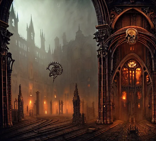 Image similar to steam necropolis, memento mori, gothic, neo - gothic, art nouveau, hyperdetailed copper patina medieval icon, stefan morrell, philippe druillet, ralph mcquarrie, concept art, steampunk, unreal engine, detailed intricate environment, octane render, moody atmospherics, volumetric lighting, ultrasharp, ominous, otherworldly