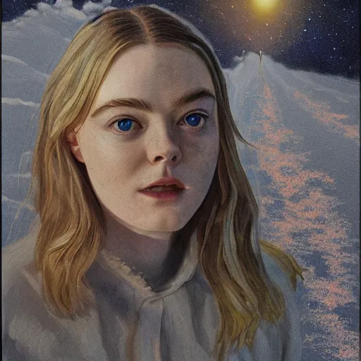 Prompt: Elle Fanning, head and shoulders masterpiece, apocalypse, golden hour, cosmic horror, artstation, in the style of Andrew Wyeth, extremely detailed