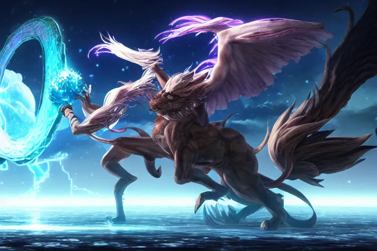 Prompt: summoner of mythical creatures fighting against the outer god. floating planets on the background, box office hit, fantasy, cosmic horror, unreal engine 5, high quality, highly detailed 8 k, art by hiroaki samura and jiro matsumoto and yao wang