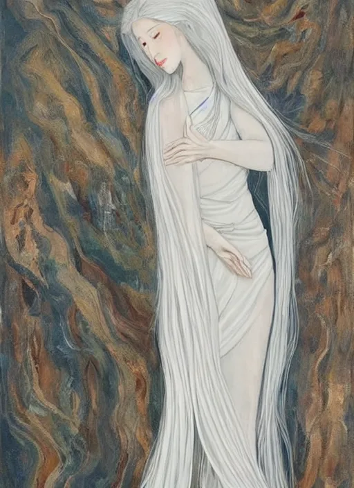 Image similar to tall thin beautiful goddess, pale wan feminine angel, long flowing silver hair covering her whole body, beautiful painting, young wan angel, flowing silver hair, flowing white robes