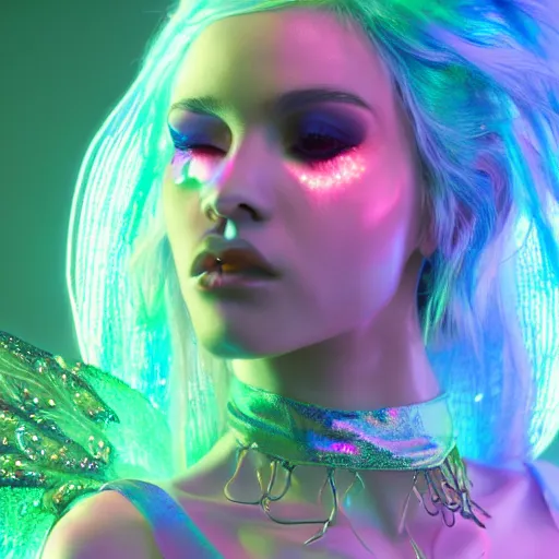 Image similar to neon fluorescent, iridescent beautiful fairies cyperpunk 2 0 7 7, unreal engine 5, 8 k ultra realistic, hyperdetailed, volumetric lighting, extremely high quality