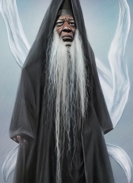 Image similar to evil morgan freeman as evil wizard saurman the white, long white hair and white beard, long white flowing robes, long black wizard staff by alan lee, lord of the rings, smooth, oil painting, matte painting, concept art, trending on artstation, promotional artwork, film still, elegant, photorealistic facial features, intricate, detailed face, cinematic lighting