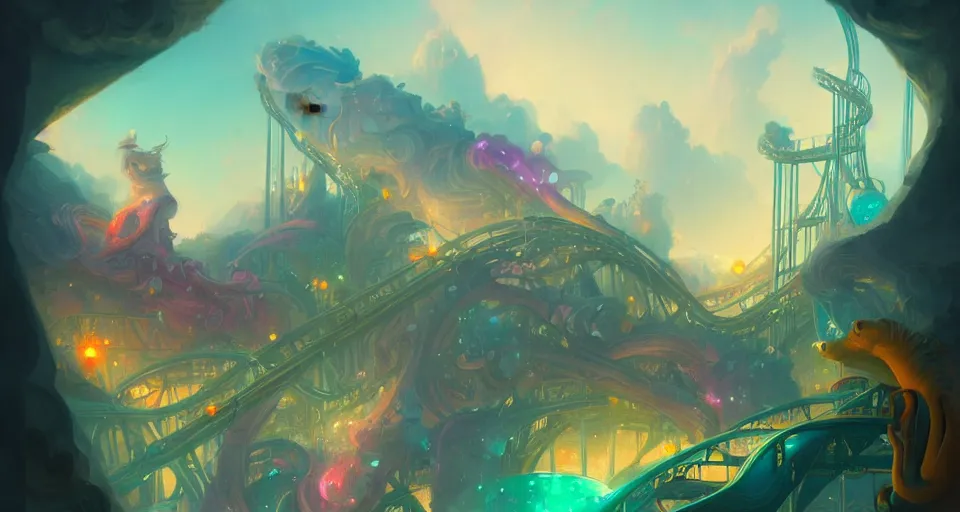 Image similar to a roller coaster with Pastel coloring by peter mohrbacher, vivid colors, matte painting, 8K, concept art, mystical color scheme, trending on artstation