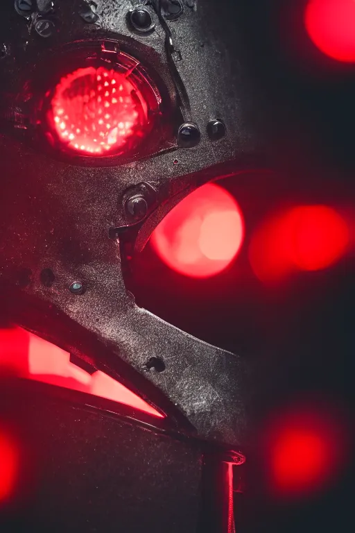 Image similar to closeup shot of a carbon black cyborg, macro shot, dof, cinematic, volumetric lighting, studio shot, red light, 4 k