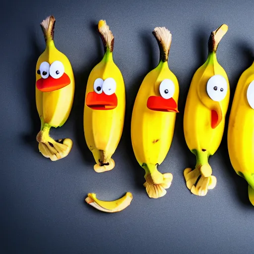 Image similar to professional photograph of banana ducks, peeled bananas with googly eyes and duck beaks