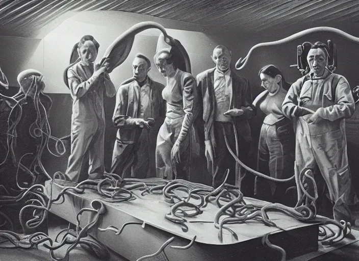 Image similar to a group of people standing around a cardboard box full of tentacled alien babies, an ultrafine detailed painting by john philip falter, shutterstock, american scene painting