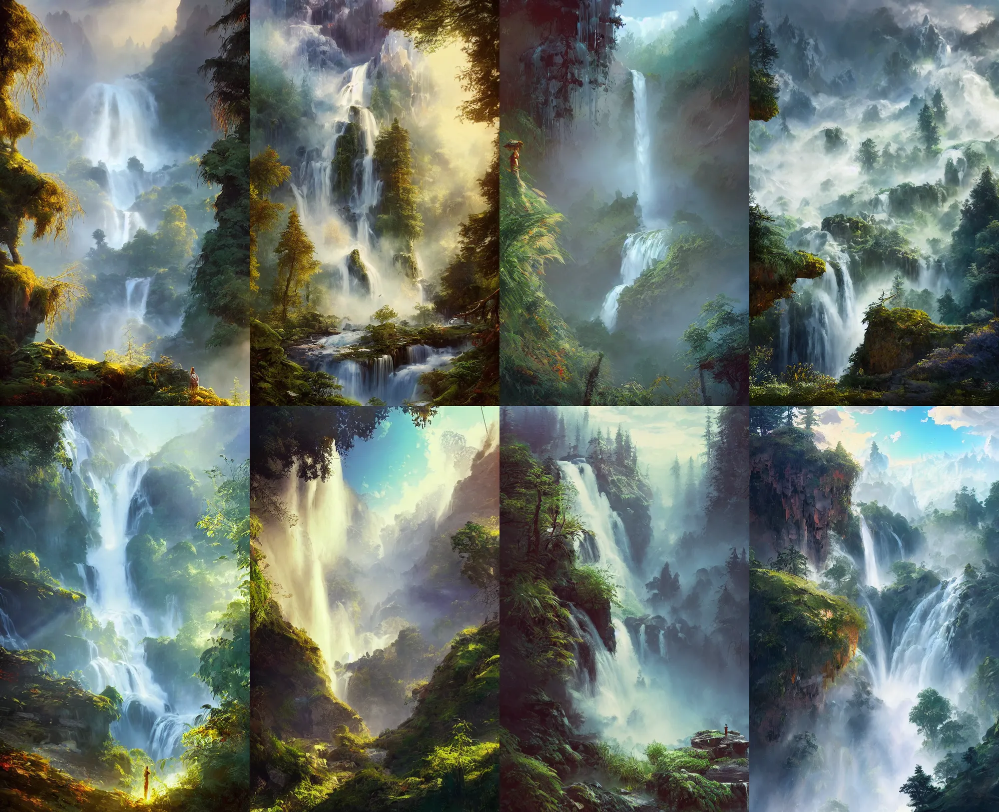 Prompt: a waterfall, mist and swirly clouds in the background, fantastic landscape, hyperrealism, no blur, 4k resolution, ultra detailed, style of Anton Fadeev, Ivan Shishkin, John Berkey