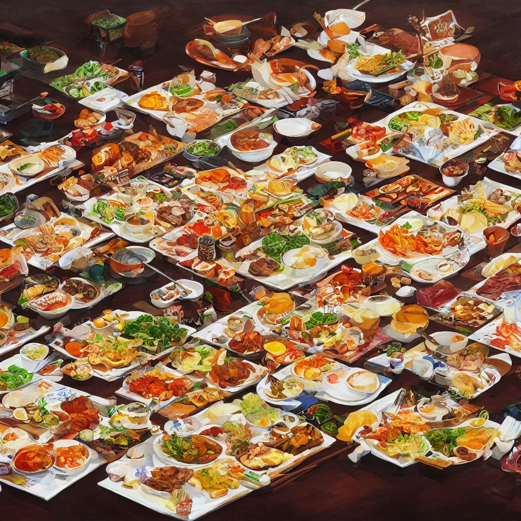 Image similar to a painting of a table full of japanese foods, concept art by taro yamamoto, pixiv contest winner, auto - destructive art, official art, concept art, pixiv