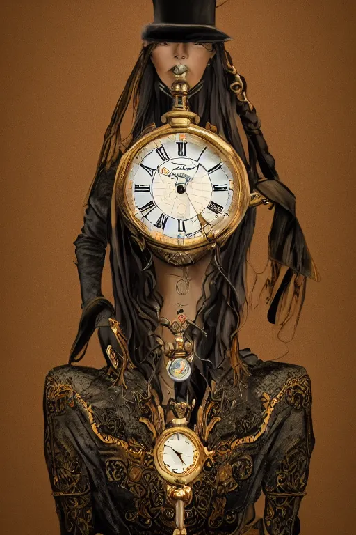 Image similar to a timekeeper with a pocket watch face. silk hat, full body, dark fantasy, concept art, gothic, intricate, ornate, ultra realistic, octane render