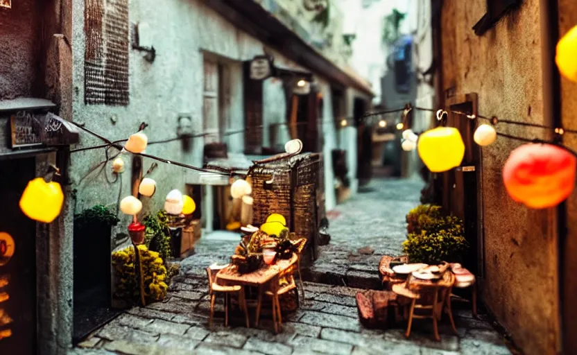 Image similar to mini cafe diorama macro photography, alleyway, cafe for felted animals, ambient, colorful paper lanterns, atmospheric photograph, romantic