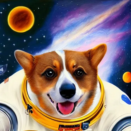 Prompt: a hyperrealistic digital painting of a corgi cosmonaut in outer space, highly detailed, stars, cosmic, cinematic, exquisite