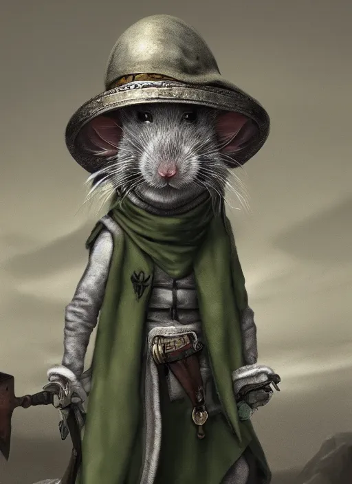 Prompt: gray rat standing on two legs, gray beard, serious, mean eyes, wearing jewelry, tricorne hat, green robe, D&D, digital art, realistic, trending on artstation, 4k, sea in the background