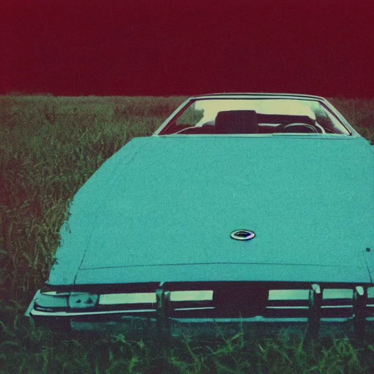 Prompt: 1 9 7 0 s car with exposed circuit boardy, silhouettes in field behind, film photo, soft lighting album cover, nostalgia, turquoise gradient