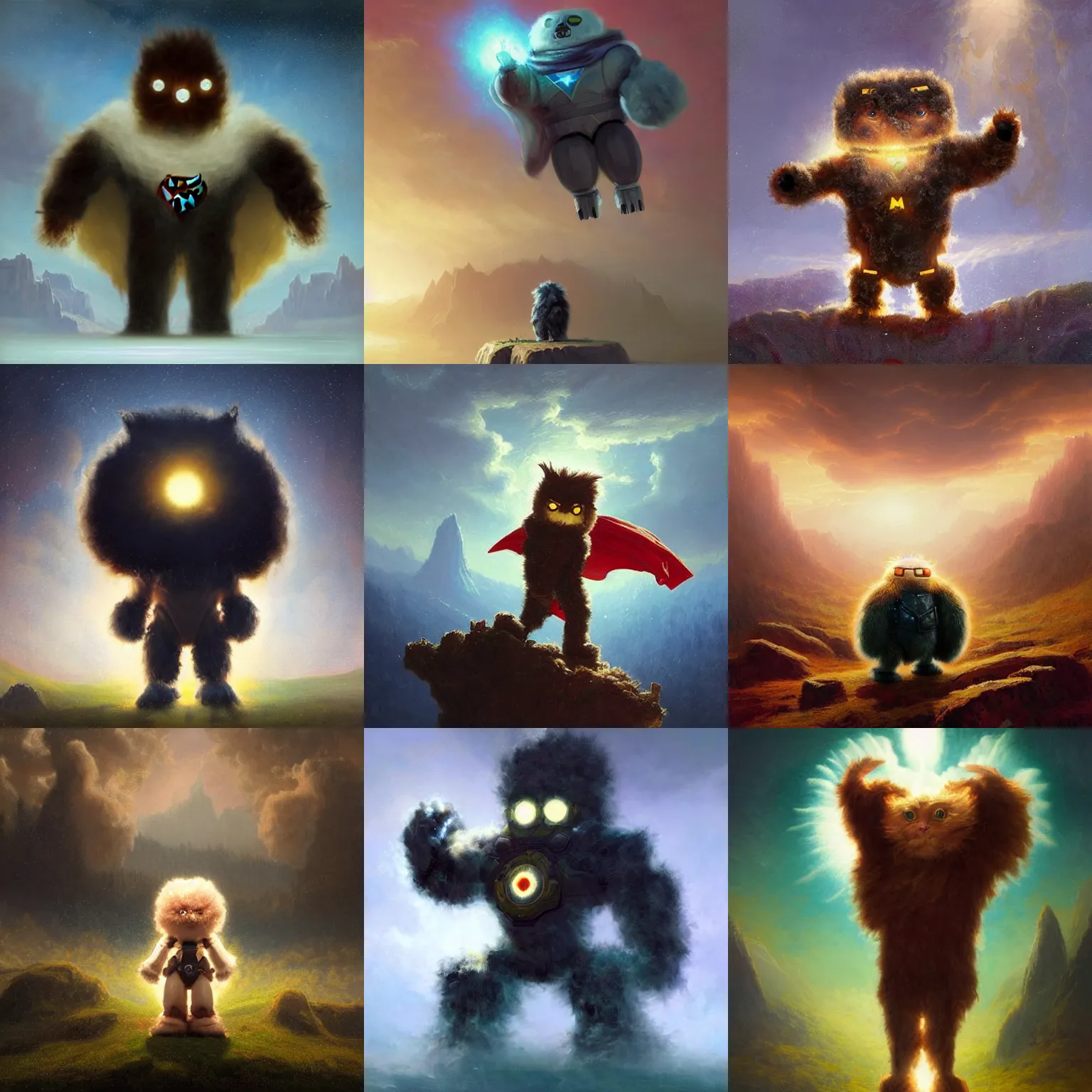 Prompt: <artwork artists='Noah Bradley, Albert Bierstadt' mode='attention grabbing'>an adorable fluffy robot reveals it is a superhero</artwork>