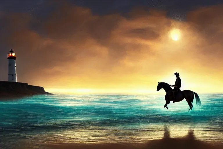 Prompt: photo of man riding a horse along the beach, glowing underwater waves toward a lighthouse in the distance guiding his way, silhouette, wide horizon, large white clouds, flying birds, night, intricate, elegant, highly detailed, digital painting, artstation, concept art, smooth, sharp focus, illustration, art by artgerm and greg rutkowski and fra angelico