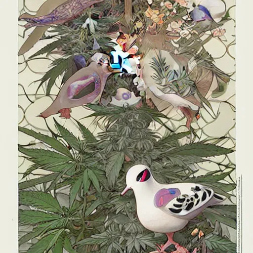 Prompt: two pigeon, cannabis tree, pigeons and trees by Range Murata and Mucha