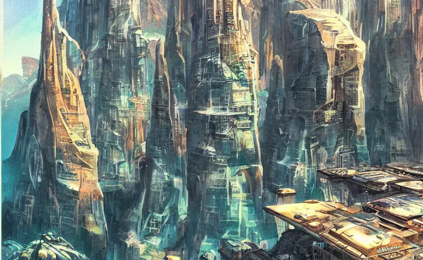 Prompt: a futuristic city on the edge of a canyon cliff, 70s sci-fi art style