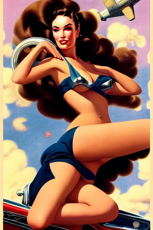 Image similar to beautiful retro space megan fox varga girl sitting on a corvette in diesel punk city, windblown dark hair, retro pinup model, seductive, 1 9 4 0, glamour pose, intricate, smoke, hyper detailed, digital art, smooth, sharp focus, alberto vargas, gil elvgren, greg rutkowski