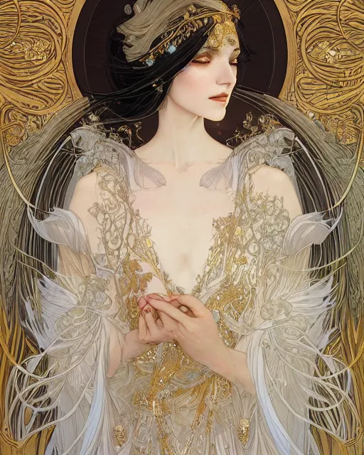 Image similar to portrait of an ethereal woman with pale hair and gold eyes wearing a flowing white and gold gown surrounded by feather motifs, ilya kuvshinov, greg rutkowski, alphonse mucha, kay nielsen, ross tran, artgerm, anime, intricate, digital painting, concept art